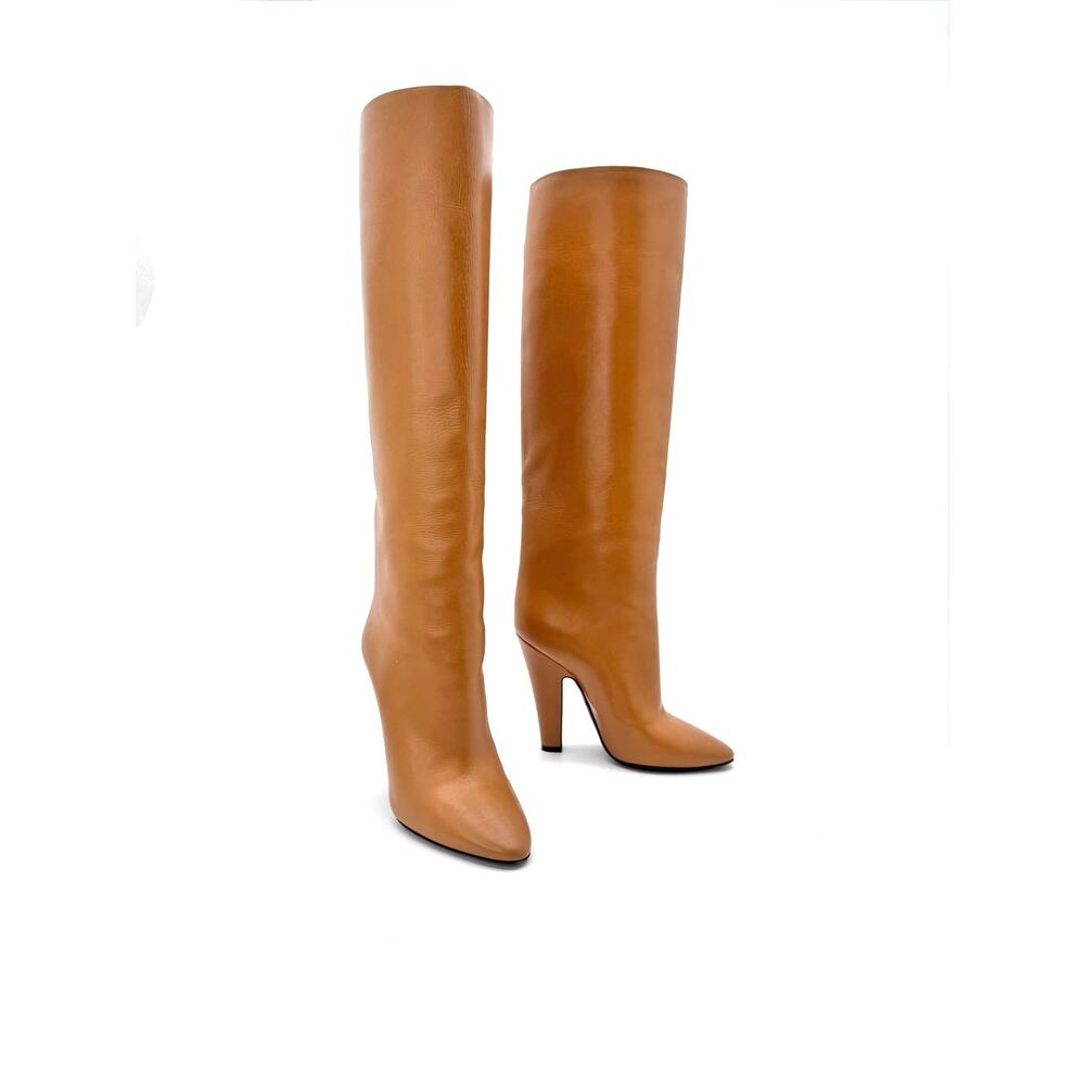 Saint Laurent Tubes 68 Caramel Smooth Calf Leather Knee High Boots 11cm EU 36.5